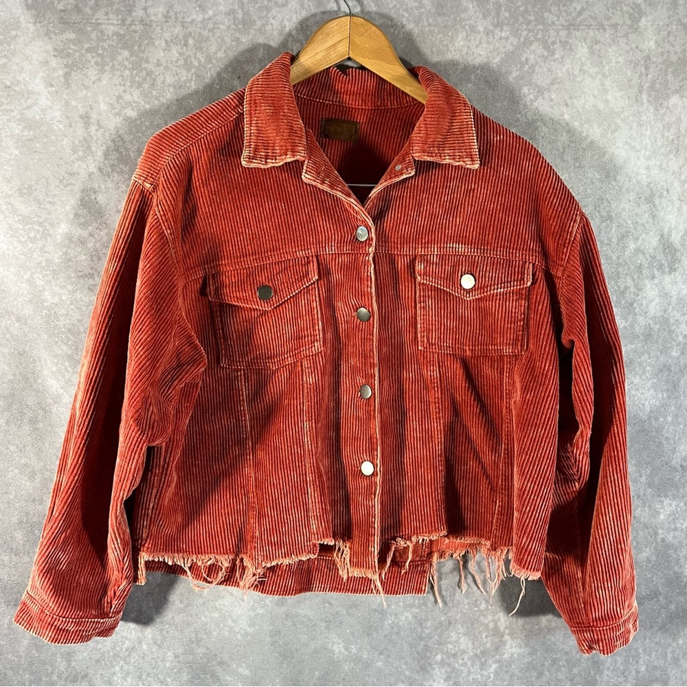 POL Corduroy Jacket Women Small S Red Trucker Raw Hem Pockets‎ Short Oversized